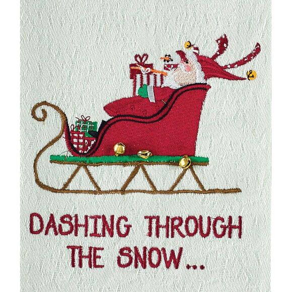 Dashing Through The Snow Santas Sleigh Embroidered Kitchen Dish Towel - Picture 1 of 6